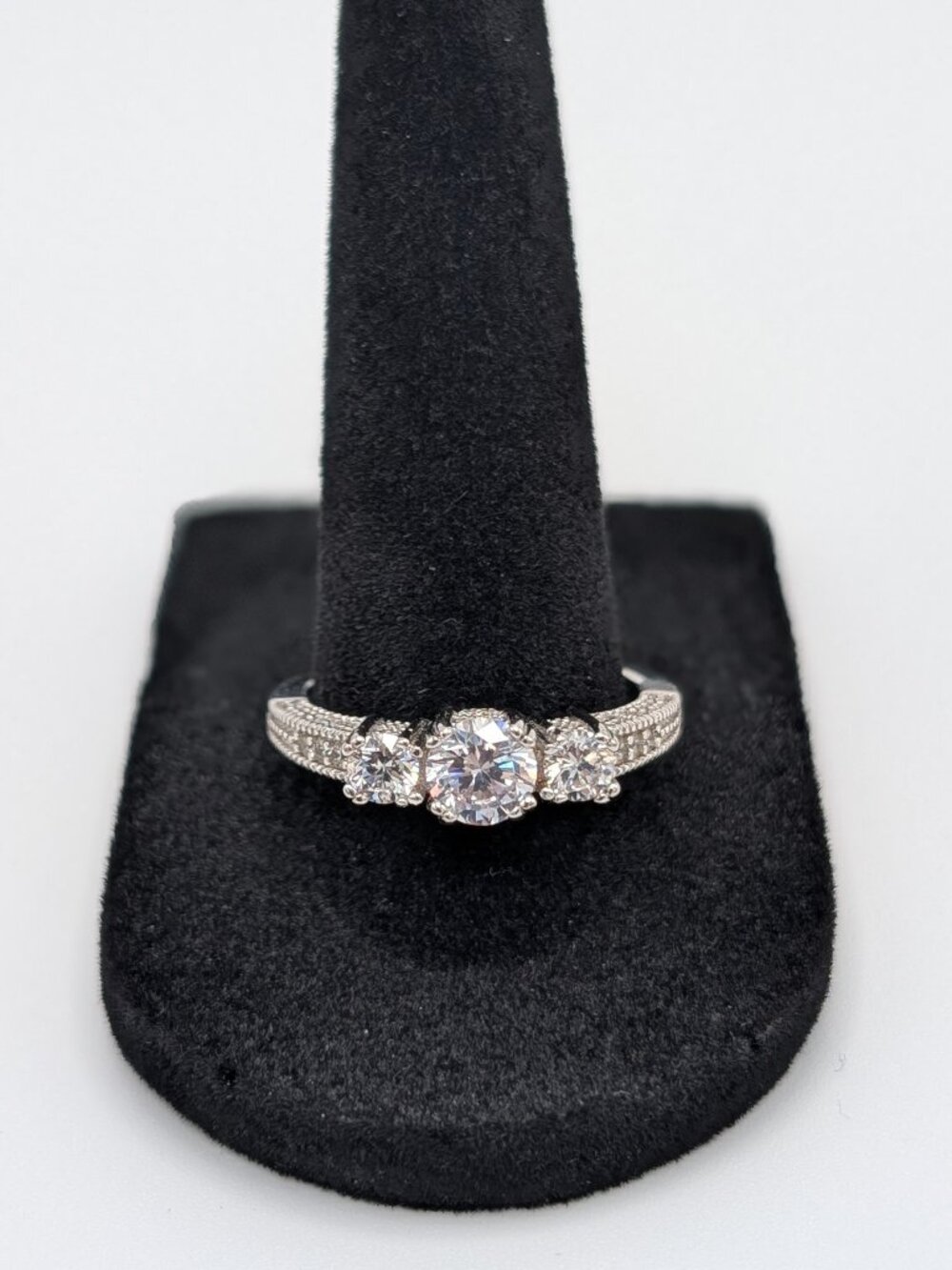 3 Stone Past Present Future CZ Engagement Ring Size 9 Silver Rhodium Plated Pave